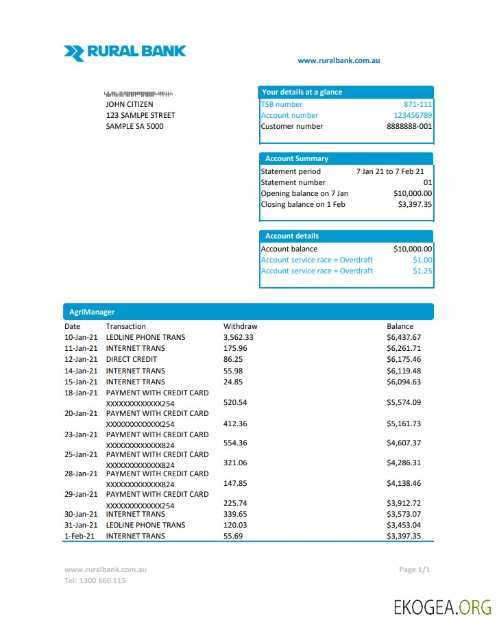 Modèle de relevé de la Banque rurale d'Australie facile à remplir au format Excel et PDF